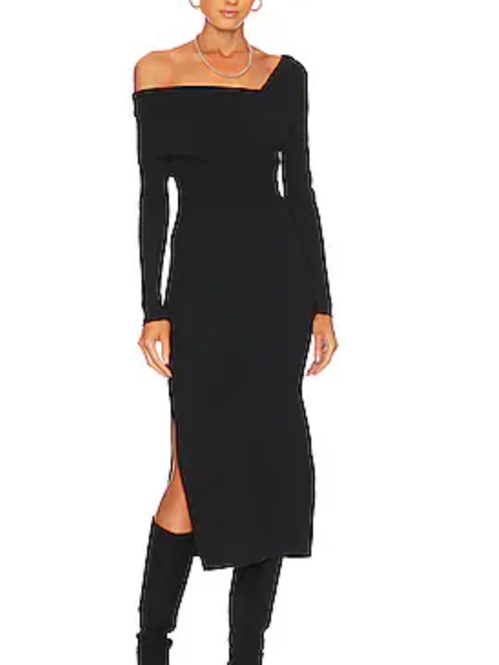 Line & Dot Black One-Shoulder Asymmetrical Midi Dress